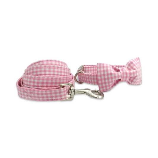 Pink Gingham Dog Collar, Lead and Bow Set