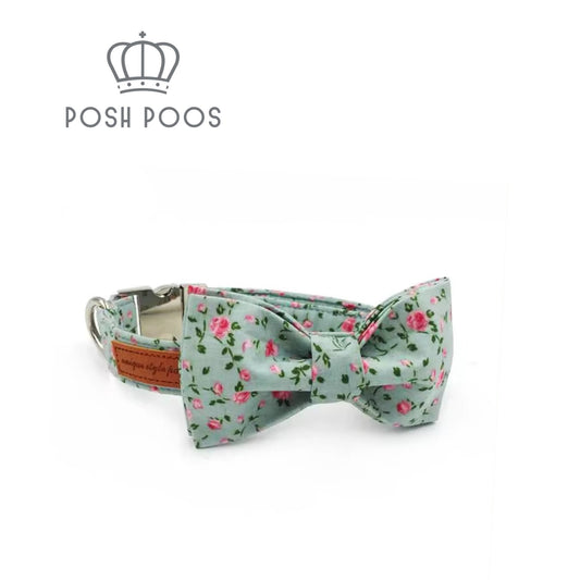 Green/Pink Floral Dog Collar, Lead and Bow Set