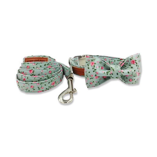 Green/Pink Floral Dog Collar, Lead and Bow Set