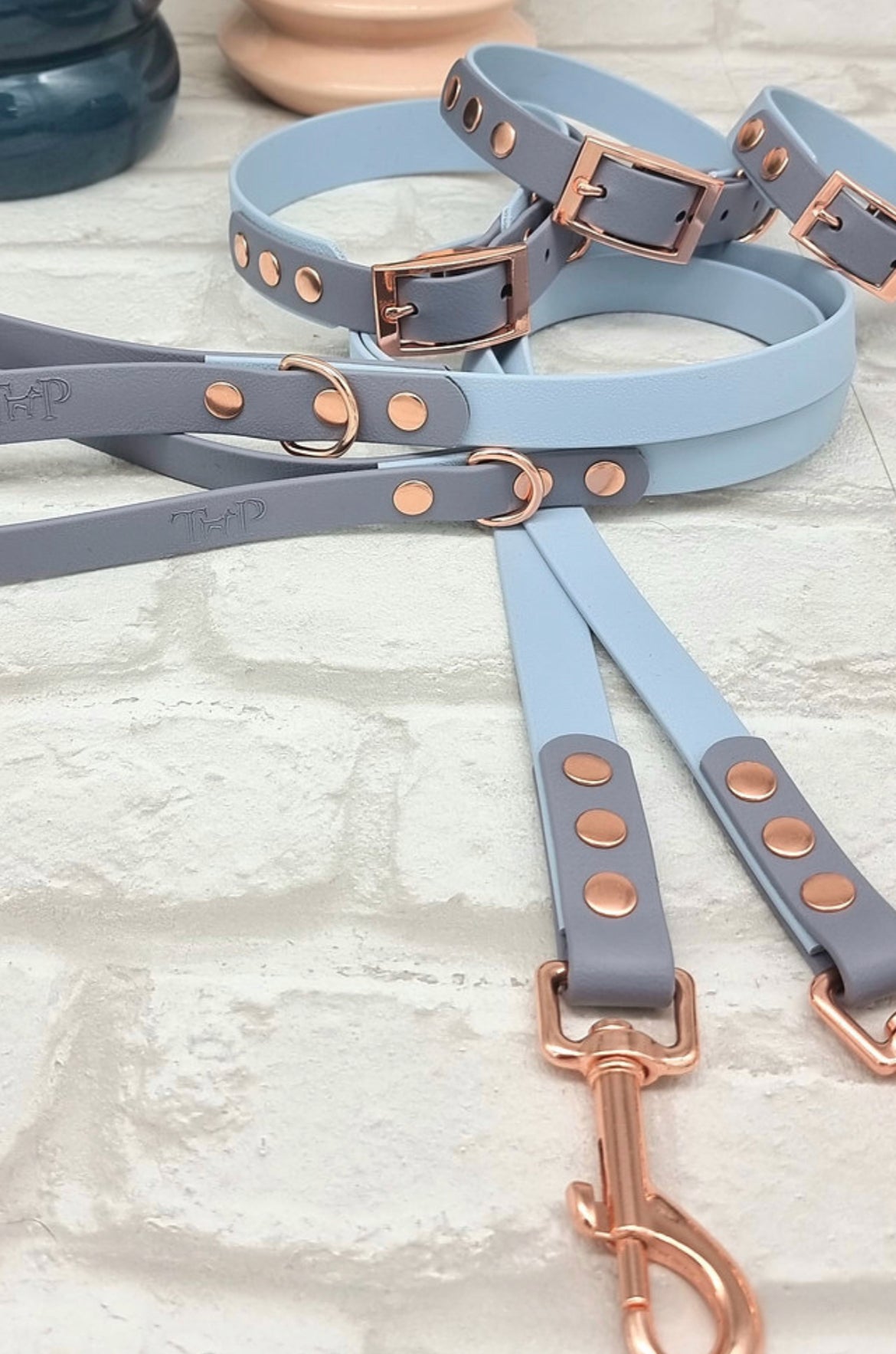 Waterproof BioThane® Dog Collar & Dog Lead Set - Pastel Blue and Grey EXTRA SMALL, Free Delivery - Posh Poos